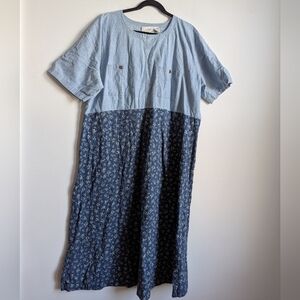 Vintage 90s Blue Denim & Floral Cottagecore Shirt Dress Prairie Country Size 3X